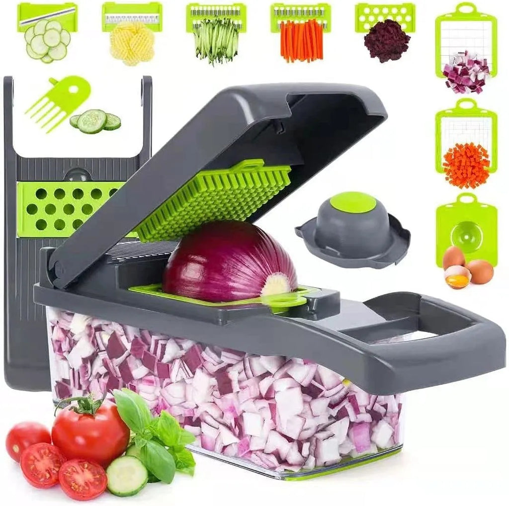 Vegetable Chopper 16 Pcs Set – Manual Onion Chopper, Food Slicer, Dicer, Grater & Potato Cutter with Handle – Multi-Function Kitchen Tool