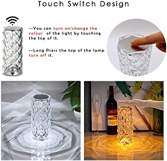 Rose Diamond Crystal Table Lamp – 16 Color RGB Touch Sensor Light with Remote Control – USB Charging Portable Atmosphere Lamp