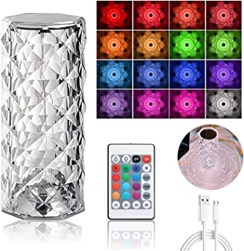 Rose Diamond Crystal Table Lamp – 16 Color RGB Touch Sensor Light with Remote Control – USB Charging Portable Atmosphere Lamp