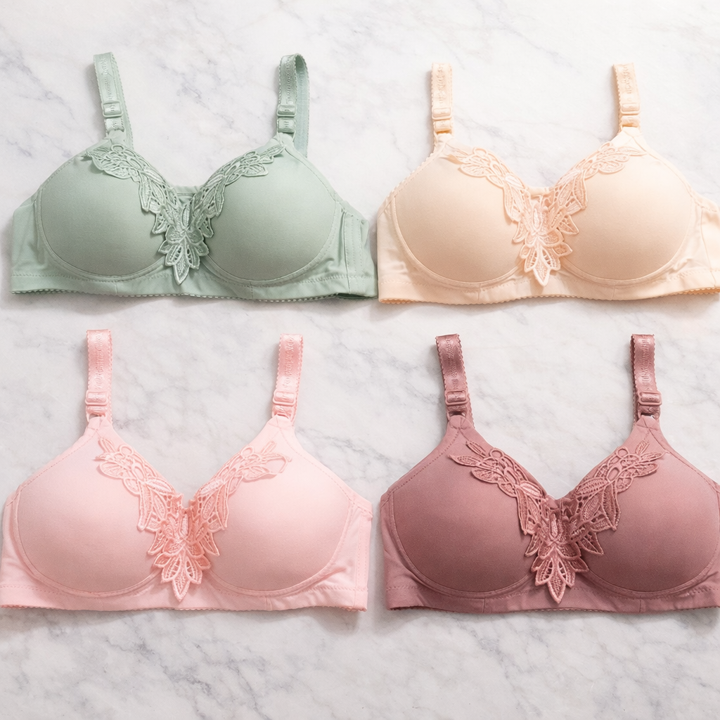 Mid Flower Style Premium Padded Comfort Bra – Soft Nylon Seamless Daily Underwire Lingerie, Random Color
