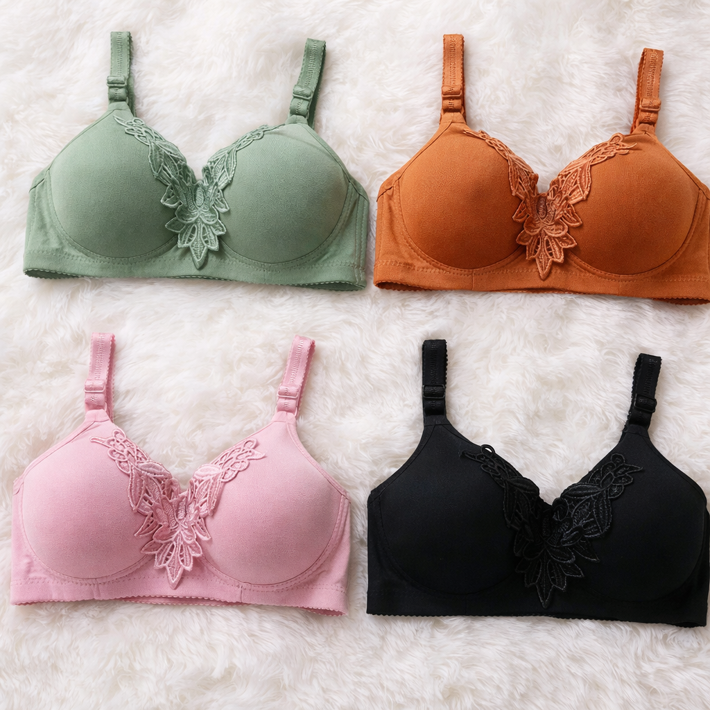 Mid Flower Style Premium Padded Comfort Bra – Soft Nylon Seamless Daily Underwire Lingerie, Random Color