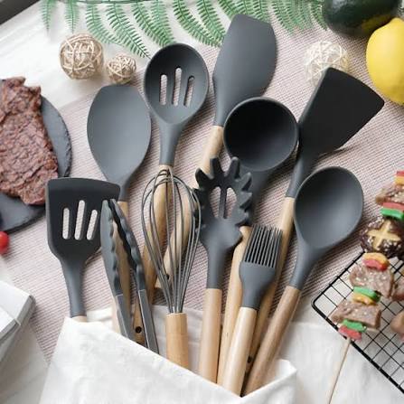12 Pcs Kitchen Utensils Set | BPA Silicon & Wooden Kitchen Spoon Set | Heat Resistant Kitchen Non toxic Spatula Set with Turner Tongs,Spoon,Brush,Whisk-Wooden Handle - Random Color