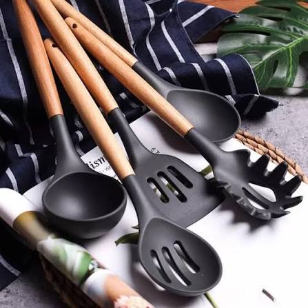 12 Pcs Kitchen Utensils Set | BPA Silicon & Wooden Kitchen Spoon Set | Heat Resistant Kitchen Non toxic Spatula Set with Turner Tongs,Spoon,Brush,Whisk-Wooden Handle - Random Color