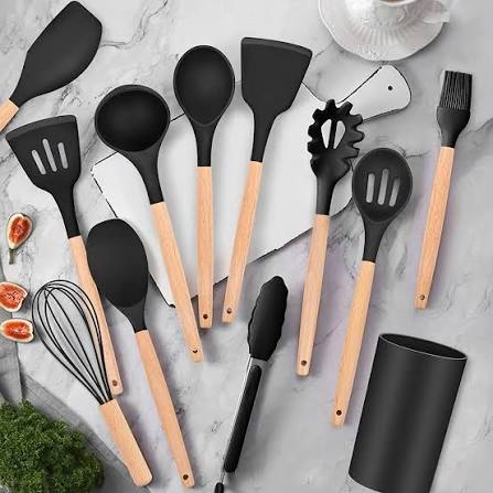 12 Pcs Kitchen Utensils Set | BPA Silicon & Wooden Kitchen Spoon Set | Heat Resistant Kitchen Non toxic Spatula Set with Turner Tongs,Spoon,Brush,Whisk-Wooden Handle - Random Color