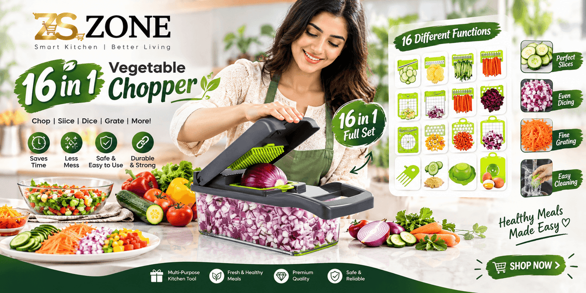 Vegetable Chopper 16 Pcs Set – Manual Onion Chopper, Food Slicer, Dicer, Grater & Potato Cutter with Handle – Multi-Function Kitchen Tool